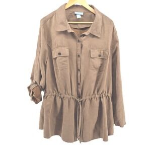 Liz & Me Brown Textured Utility Shirt Jacket Roll Tab Sleeves Safari Sz 2X